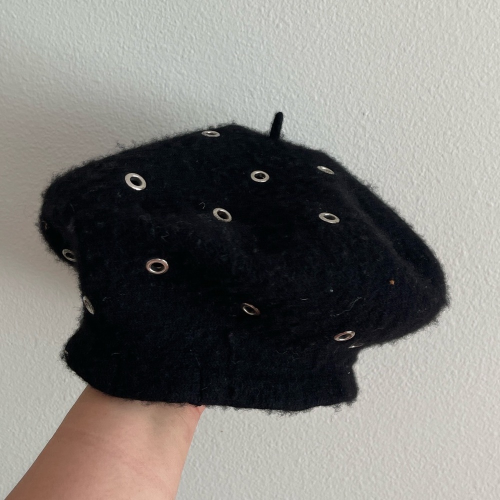 Jones New York Wool Black Beret with Silver Eyelets